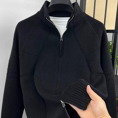 Men's Trendy Jacquard Stand Collar Knit Cardigan Sweater Jacket - Zipper, Thickened, Loose Fit for Autumn/Winter.