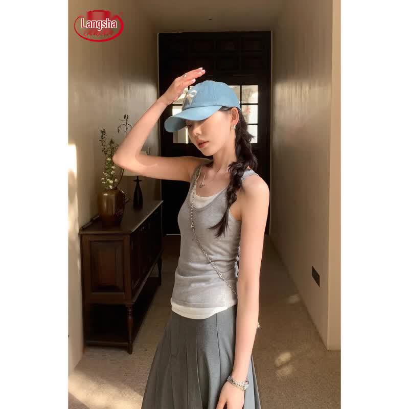 Langsha Women s Knit Slim Fit Fake Two-Piece Camisole Vest S (under 90 jin) серый