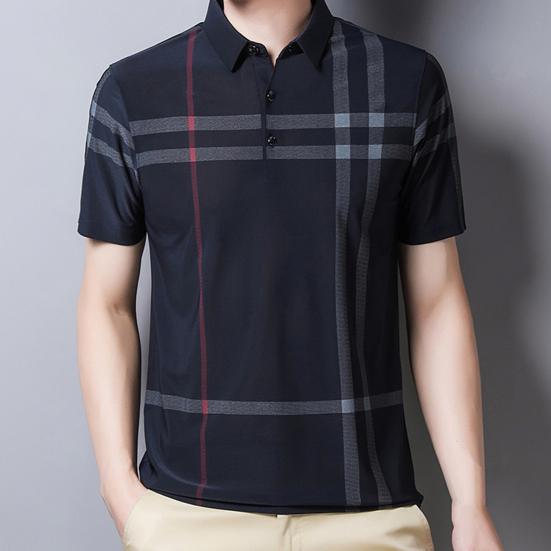 Herren Pullover Streifen Knitterfrei Eis Seide Kurzarm Slim Fit Hemd für Business
