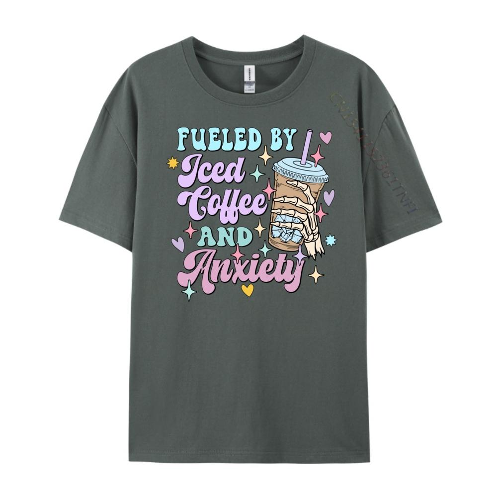 Fueled By Iced Coffee And Anxiety Coffee Shirt Green And White Graphic T Shirt Summer Funny T Shirts Gift