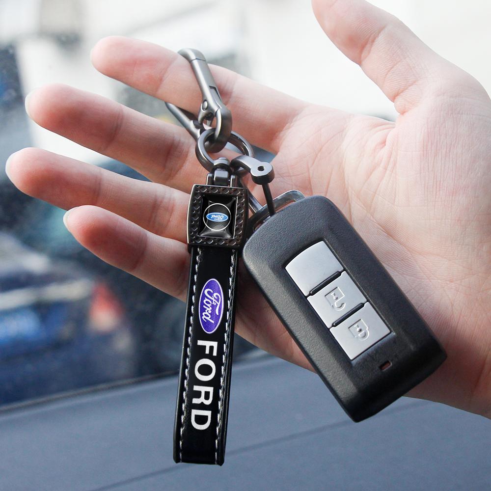 AAAMT1 For Ford Mustang Focus Transit 1Pcs Metal Leather Keychain Ring Edge Fiesta Escape Kuga Mondeo Fusion Ranger Auto Accessories