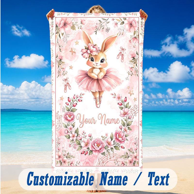 Easter Bunny Theme Beach Towel Personalized Custom Name & Text Soft Quick Dry Beach Towel for Swimming Travel