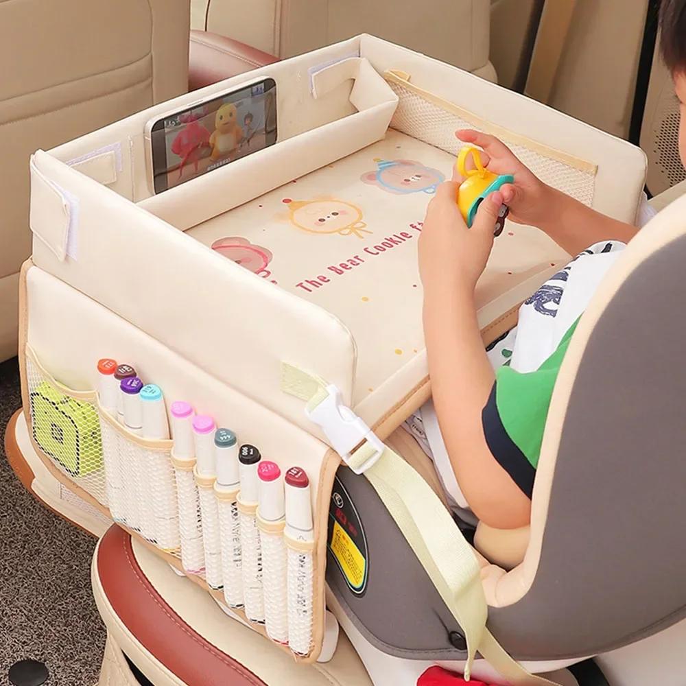 Car Dining Tray for Child Safety Seat – Foldable & Waterproof Cartoon Table with Storage, Car Seat Tray for Eating & Drawing