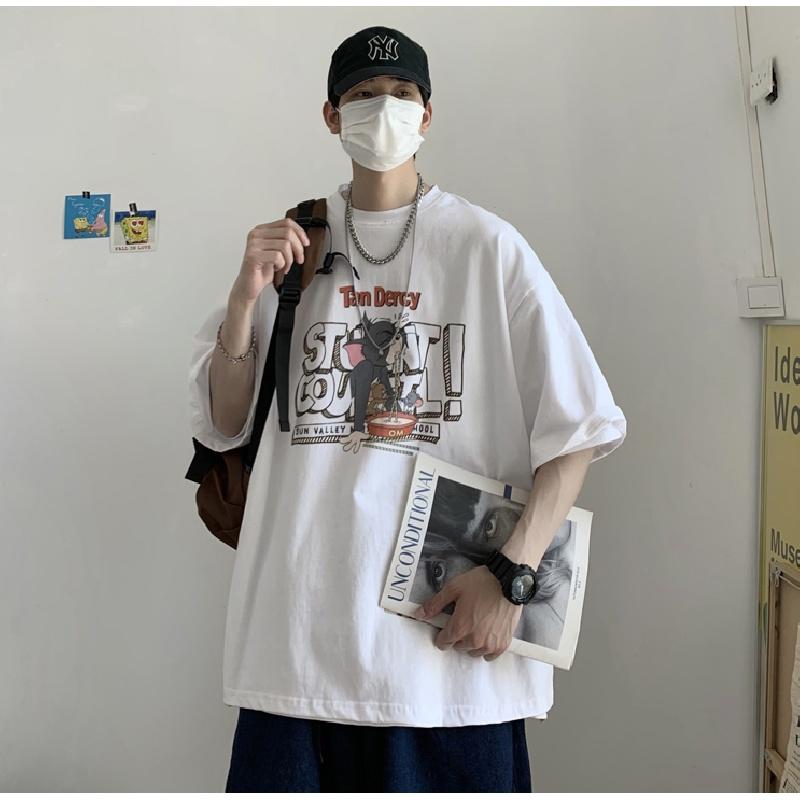 Men Short Sleeve T-Shirts Letter Graphic Print Half Sleeve Tshirts Pullover T-shirt Casual Tee Man Korean Casual Round Neck Retro Tops For