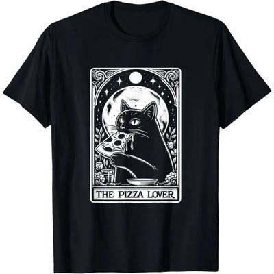 Pizza-Liebhaber Katze Retro Gotisch Tarotkarte Sommer Mode Harajuku Rundhals Atmungsaktiv Herren und Damen Oberteil Muster T-Shirt