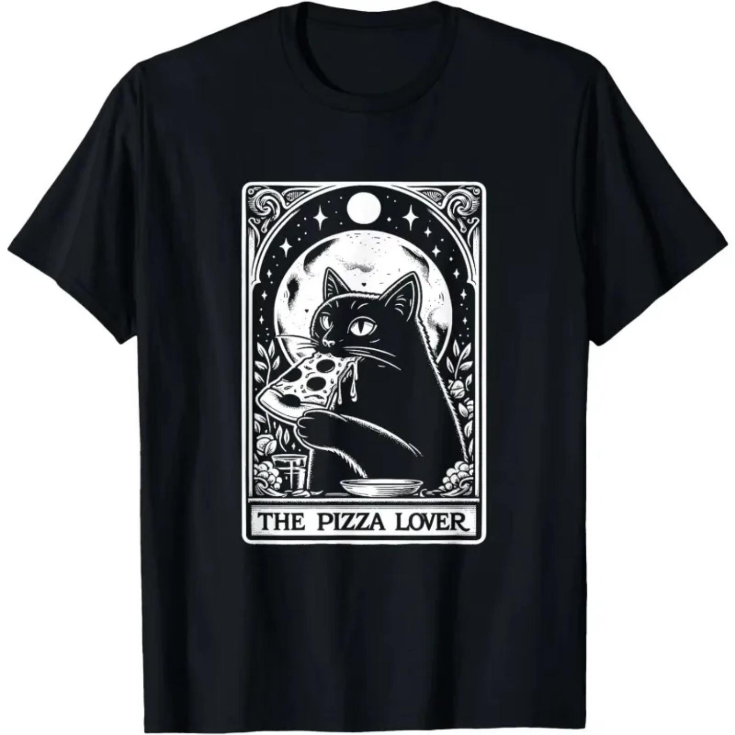 Pizza Lover Cat Retro Gothic Tarot Card Summer Fashion Harajuku Round Neck Breathable Men s and Women s Top Pattern T-shirt S