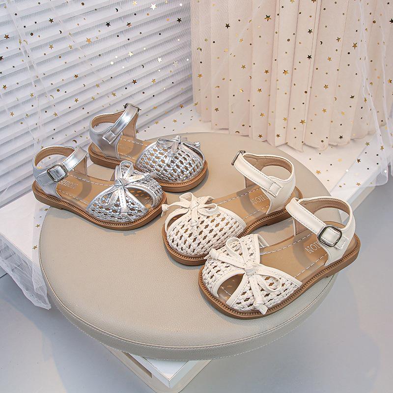 Girls' 2026 Korean Style Bow Knot Closed Toe Sandals - Soft Sole Woven Princess Shoes for Little Girls