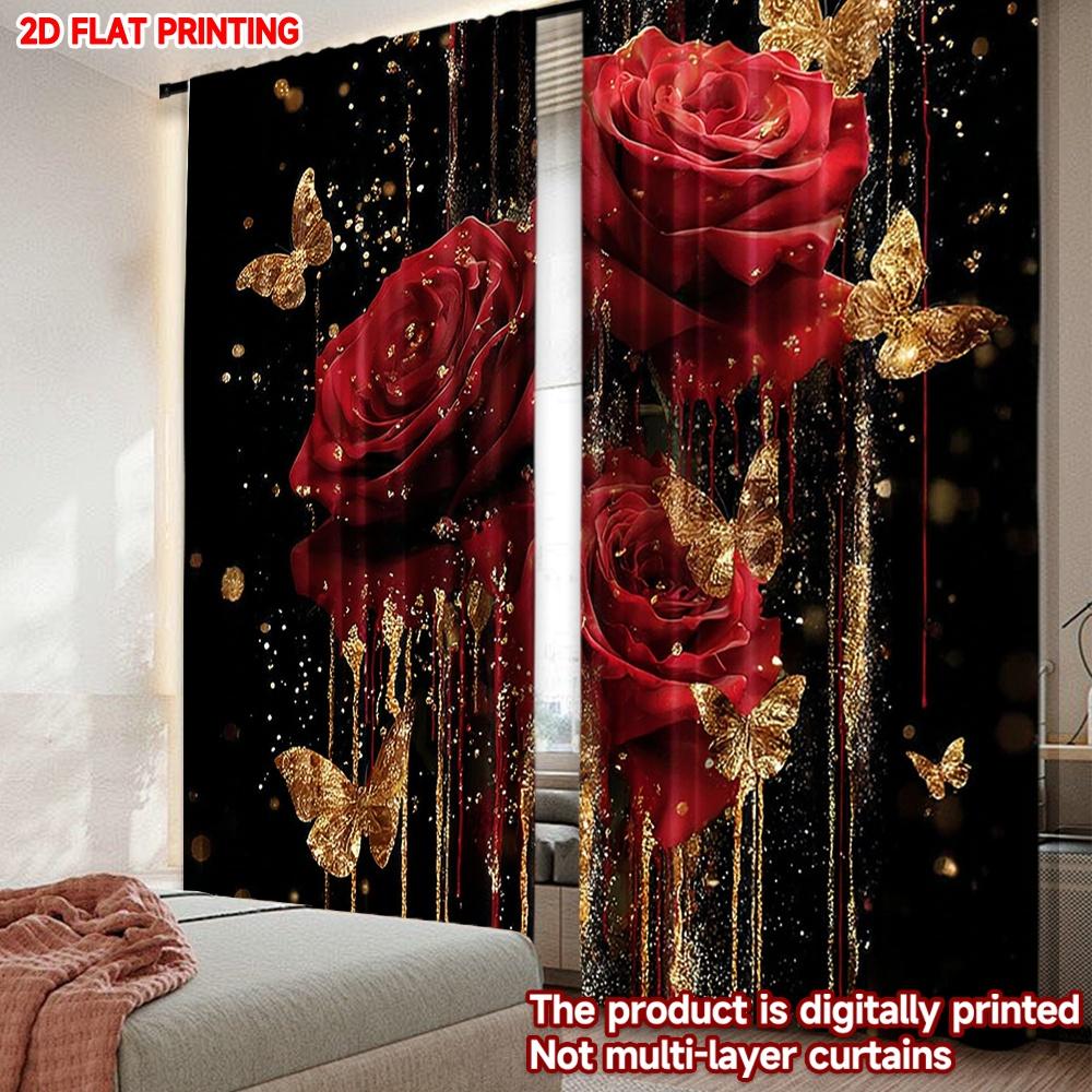 2D flat printing 2pcs Happy Valentine's Day Drapes Butterfly with rose Digital Printed Polyester Drapes Holiday Decorations for