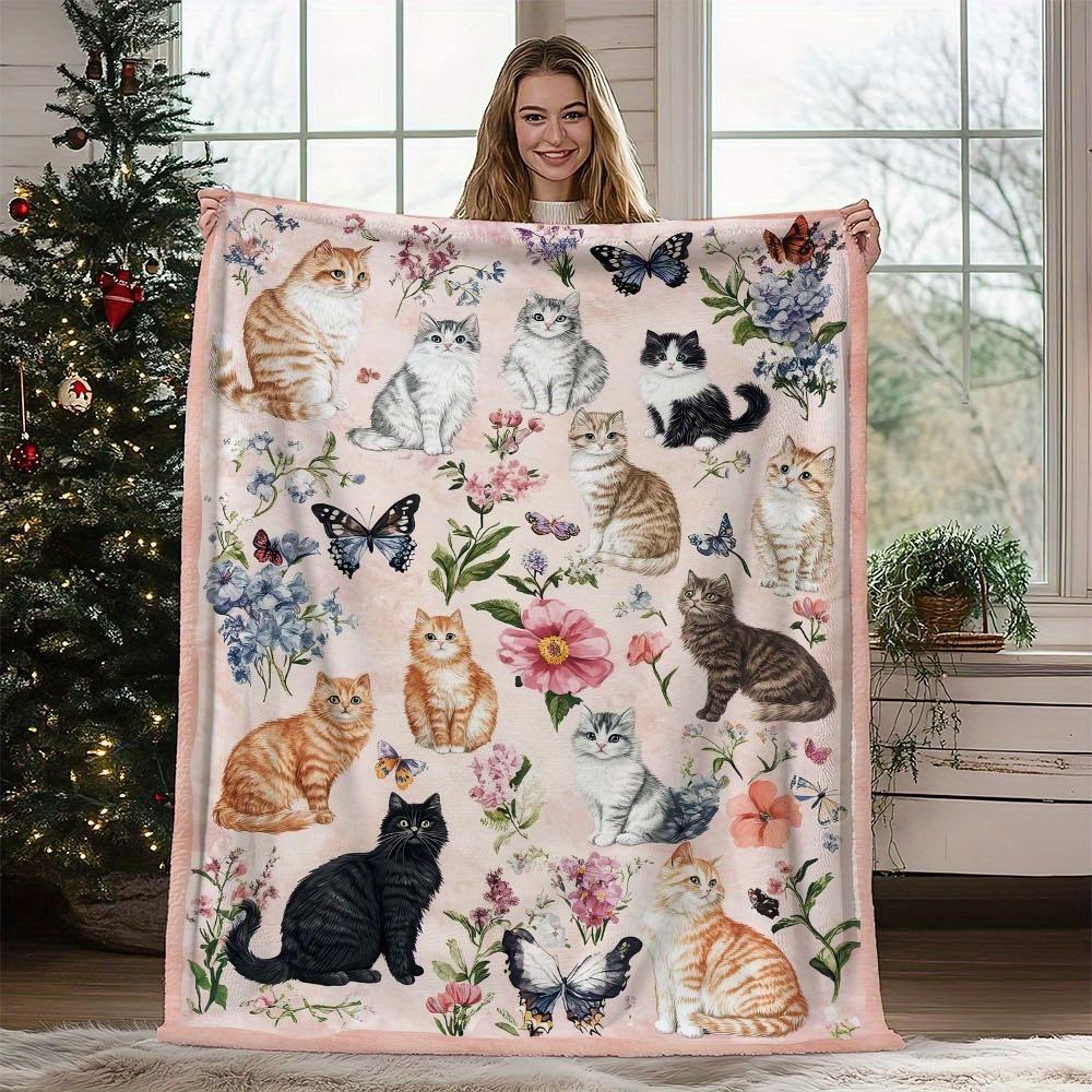 A Single Cozy And Soft Fleece Throw Blanket Featuring Adorable Cats And a Floral Pattern, Ideal for Use on a Couch, Sofa, Bed, Or in The Liv 130cmx150cm