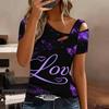 T-shirt da donna a maniche corte con stampa a forma di cuore, spalle scoperte, scollo irregolare con ritaglio, top casual estivo