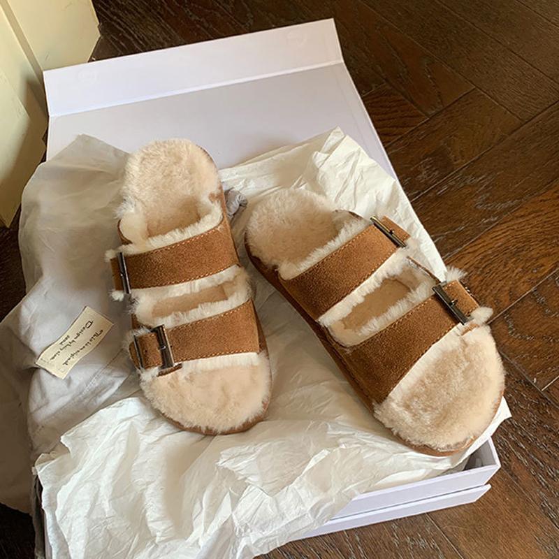 Fashion 2025 Belt Buckle Wool Slippers Women Faux Suede Shoes Winter Furry Slides Female Flats Casual Slip On Lambswool Pantuflas Home