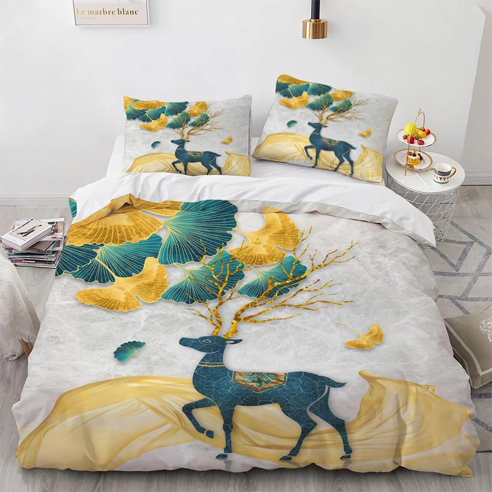 Cartoon Elk Duvet Cover King Queen Size Golden Deer Pattern Bedding Set for Teens Adults Wild Buck Quilt Cover with Pillowcase