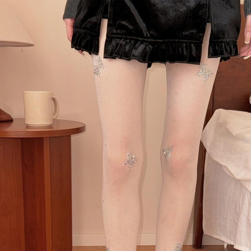 Elegant Butterfly Rhinestones Pantyhose with Breathable Nylon Fabric Offering Wear Comfort In Social Event and Work