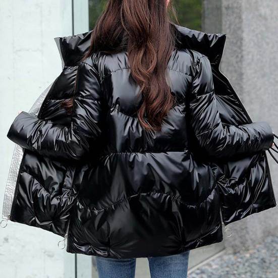 Side Zipper High Low Hem Women Coat Bright Surface Winter Women Stand Collar Puffer Jacket Outerwear