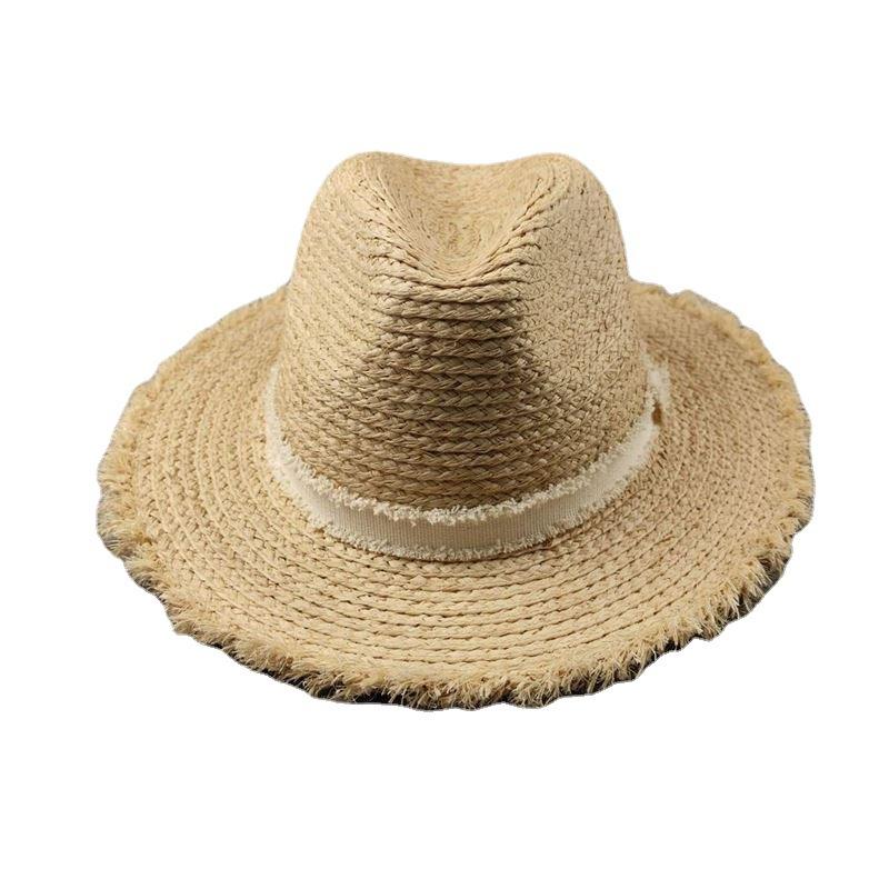 Straw hat rough edge spring and summer new outdoor shading beach sun protection raffia flat edge straw hat panama elegant millinery