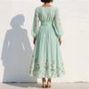 Frühling neue europäische und amerikanische Stil V-Ausschnitt bedrucktes Chiffon-Langarmkleid Damen Taille A-Linie Rock Urlaubsstil langes Kleid