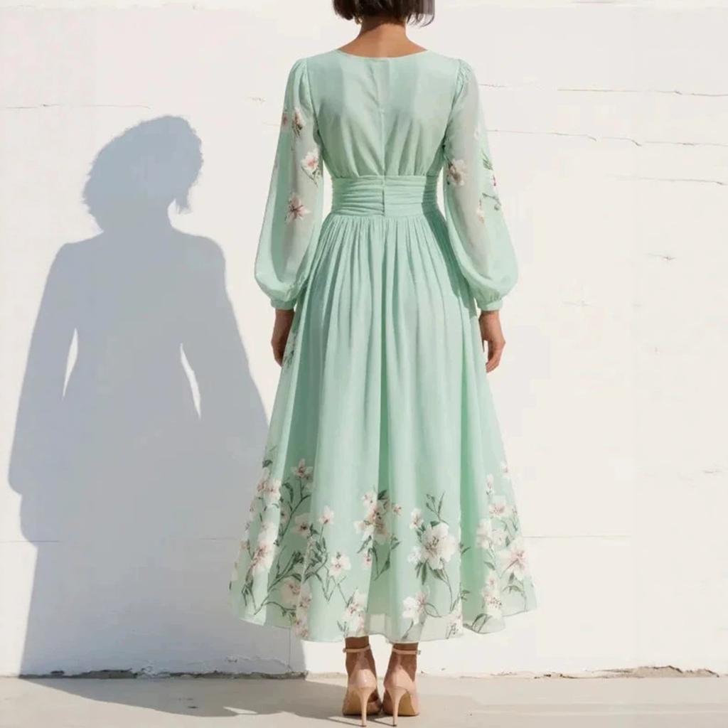 Frühling neue europäische und amerikanische Stil V-Ausschnitt bedrucktes Chiffon-Langarmkleid Damen Taille A-Linie Rock Urlaubsstil langes Kleid