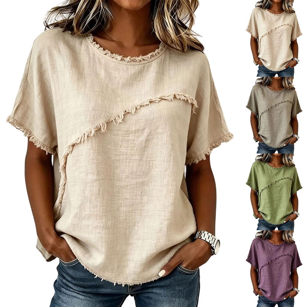 Ladies' Casual And Fashionable Round Neck Loose Linen Short Sleeved Top