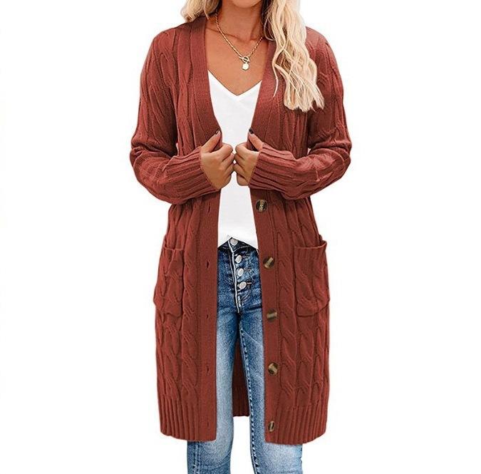Autumn and winter new knitted long twist sweater women's solid color button-in-bag cardigan jacket