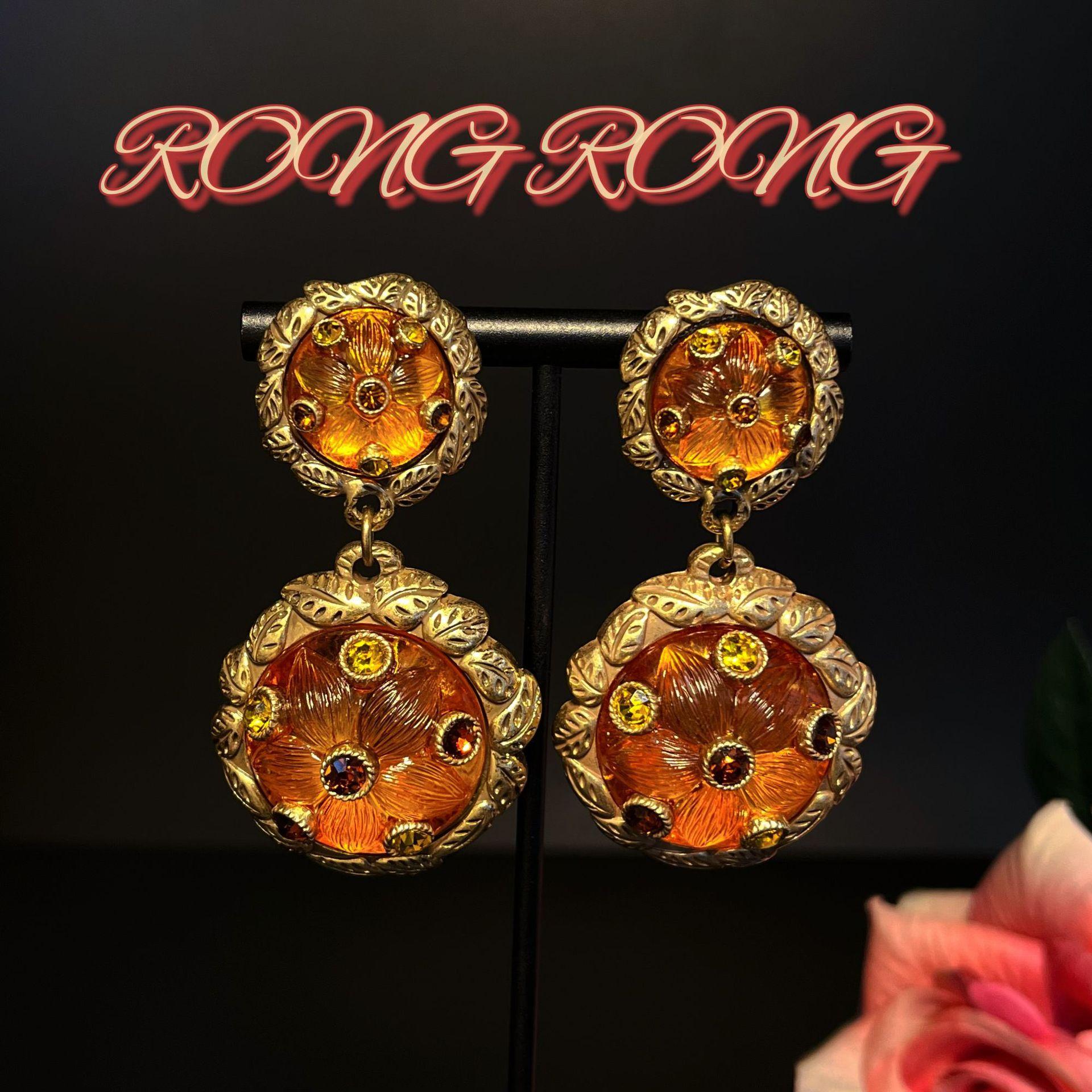 Средневековые винтажные ретро серьги-гвоздики в придворном стиле, оранжевая глазурь, западные антикварные нишевые серьги