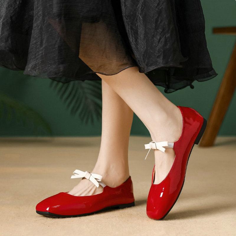 Fashion Flat Shoes for Women 2025 New Spring and Autumn Bow Shallow Mouth French Retro Ballet Red Mary Jane Shoes Large Size 44 43