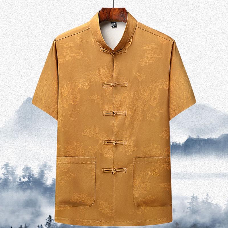 Men s Tang Suit Short Sleeve Mulberry Silk Shirt - Chinese Style for Middle-aged and Elderly 175/41 (130-145 lbs)