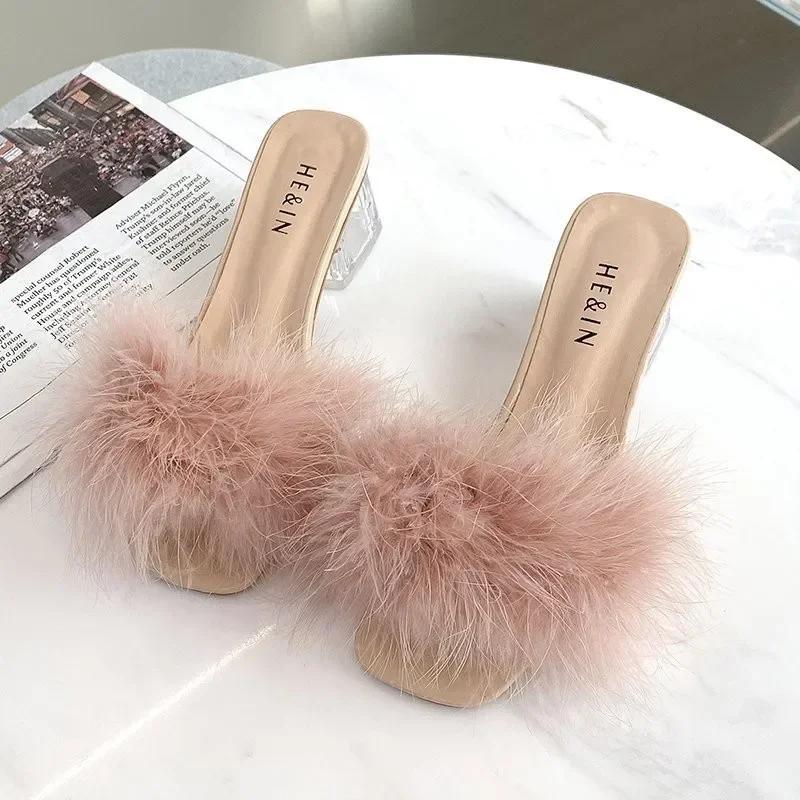 Mode 2024 Neu Sommer Flauschige Peep Toe Sexy High Heels Damen Pelz Dame Mode Hochzeit Rosa Hausschuhe