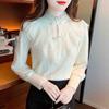 Autumn Winter Fashion New 2024 Long Sleeve Beading Stand Collar Ruffles Apricot Velvet Lace Blouse Shirt Women Tops Blouses Shirts J769