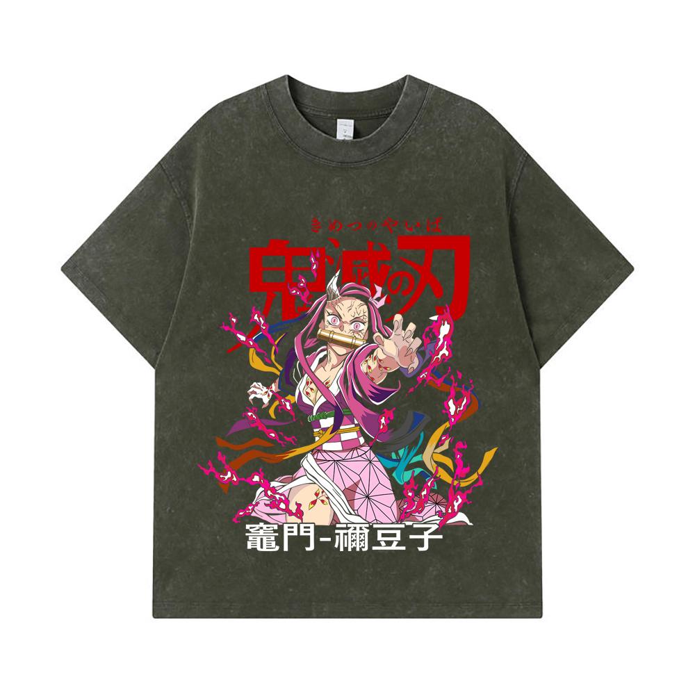 

275 GSM Washed T-shirts 100% Cotton Demon Slayer V72 Nezuko Print Unisex Heavy Cotton T Shirt S армия зеленый