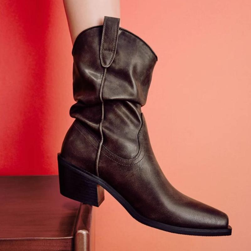 

Large Size Thick Heel Mid Leg Boots 2024 Autumn New European and American Western Knight Boots Pointed Casual Women s Shoes 35 коричневий