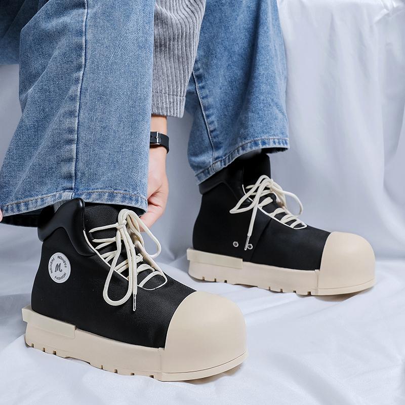 Fashion British Style Men Genuine Leather High Top Shoes Casual Slip-On Thick Bottom Shoes Outdoor Soft Bottom Round Toe Vulcanized Shoe