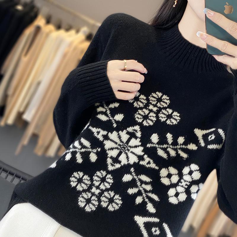 Women's High Neck Snowflake Wool Sweater - Autumn/Winter Color Block Knit Top