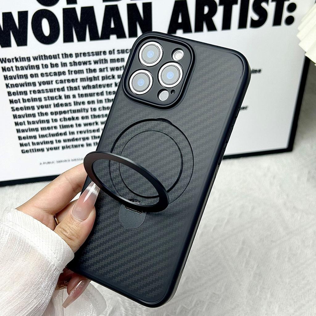 Carbon Fiber Style Case For iPhone 16 15 14 13 12 11 Pro Max Plus Strong Magnet 360° Rotation Invisible Metal Kickstand Cover