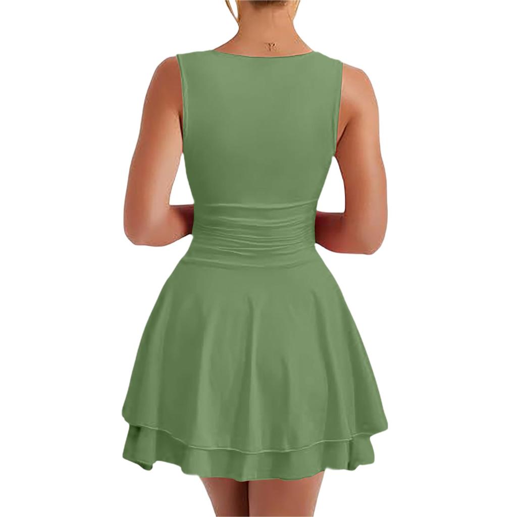 Women's Casual And Fashionable Pleated Hem Round Neck Dress Sleeveless Tight Corset Short Dress