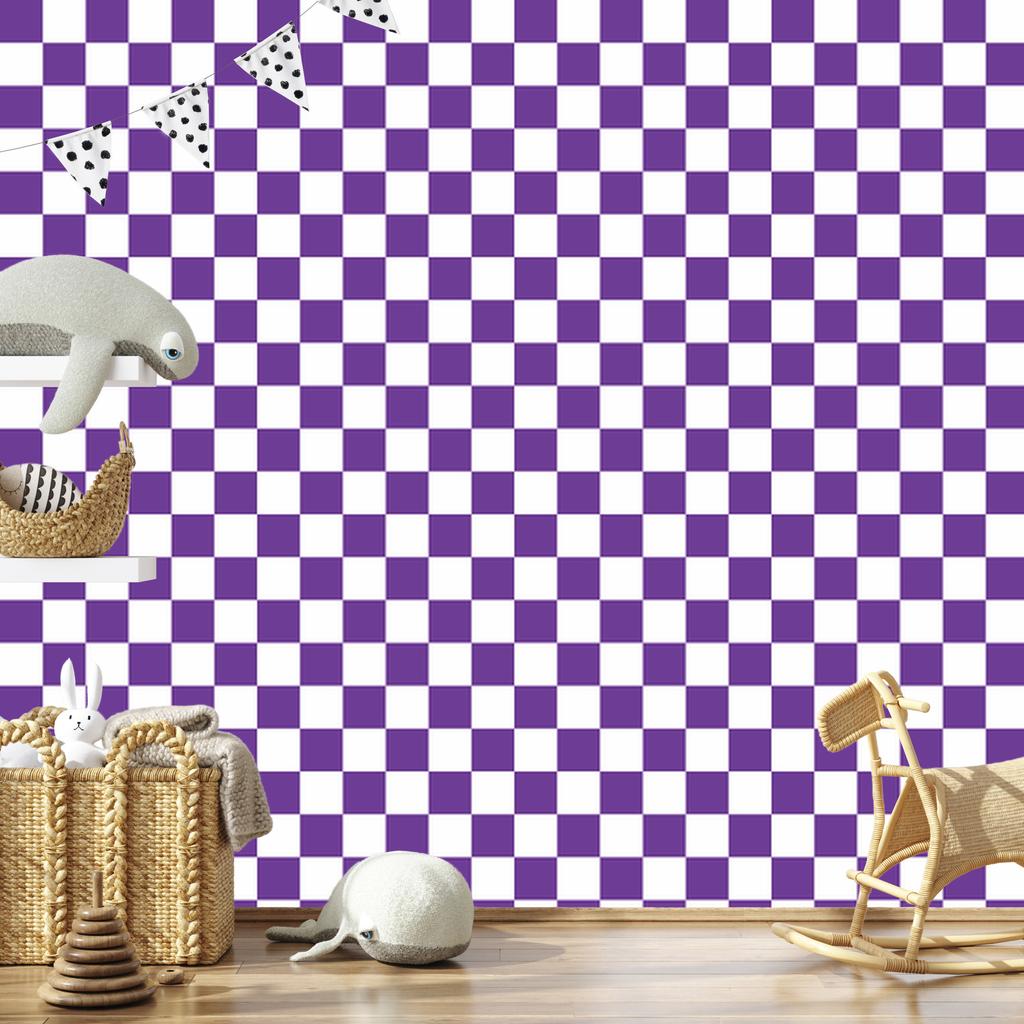 Checkerboard Wallpaper in Purple, White and Lavender for Living Room and Bedroom 50x1000