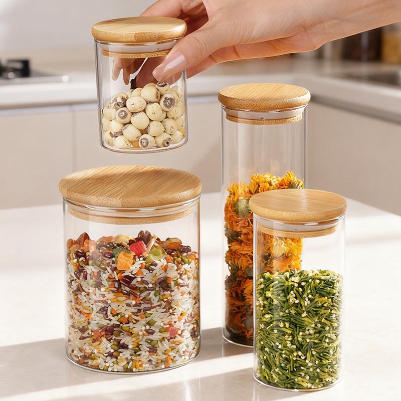 High Borosilicate Glass Kitchen Storage Jar with Bamboo Lid - Moisture-Proof and Transparent Tea & Grain Container