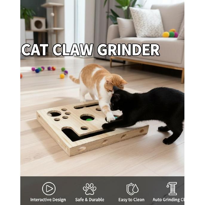 Cat Scratch Puzzle Enrichment Box Nail File Stress Free Alternative To Clippers and Grinders, Wooden Cat Nail File Scratcher Felines Files Claws Maze