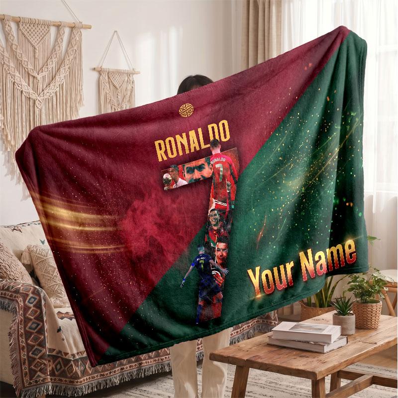 Couverture polaire personnalisée Cristiano Ronaldo avec logo de football, texte de nom personnalisé, couverture d'appoint douce et chaude pour la maison