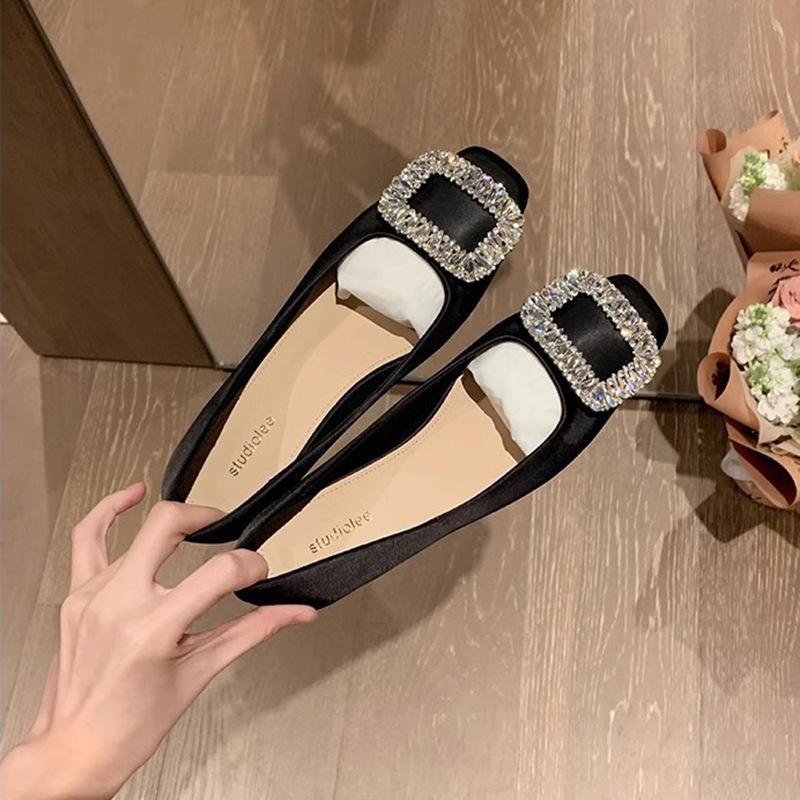 2025 spring new rhinestone square head light mouth silver flat-soled single shoes fairy soft leather temperament commuter women's shoes