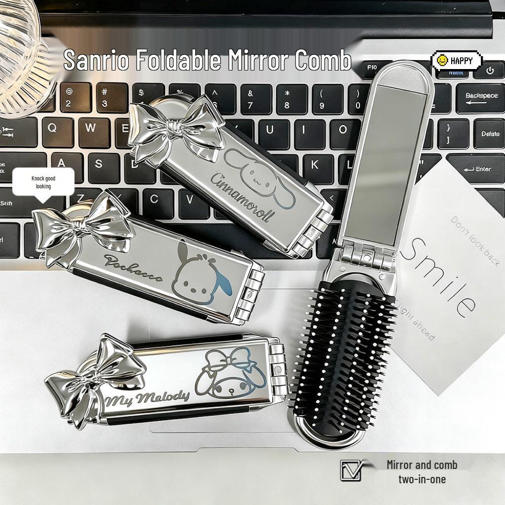 Silver Sanrio Foldable Air Cushion Comb with Mirror for Female Students - Portable Mini Comb