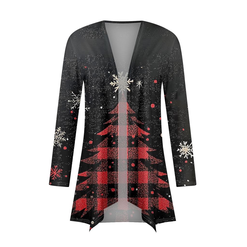 Damenmode, lässig, Weihnachtsdruck, mittellanger Cardigan-Jackenmantel