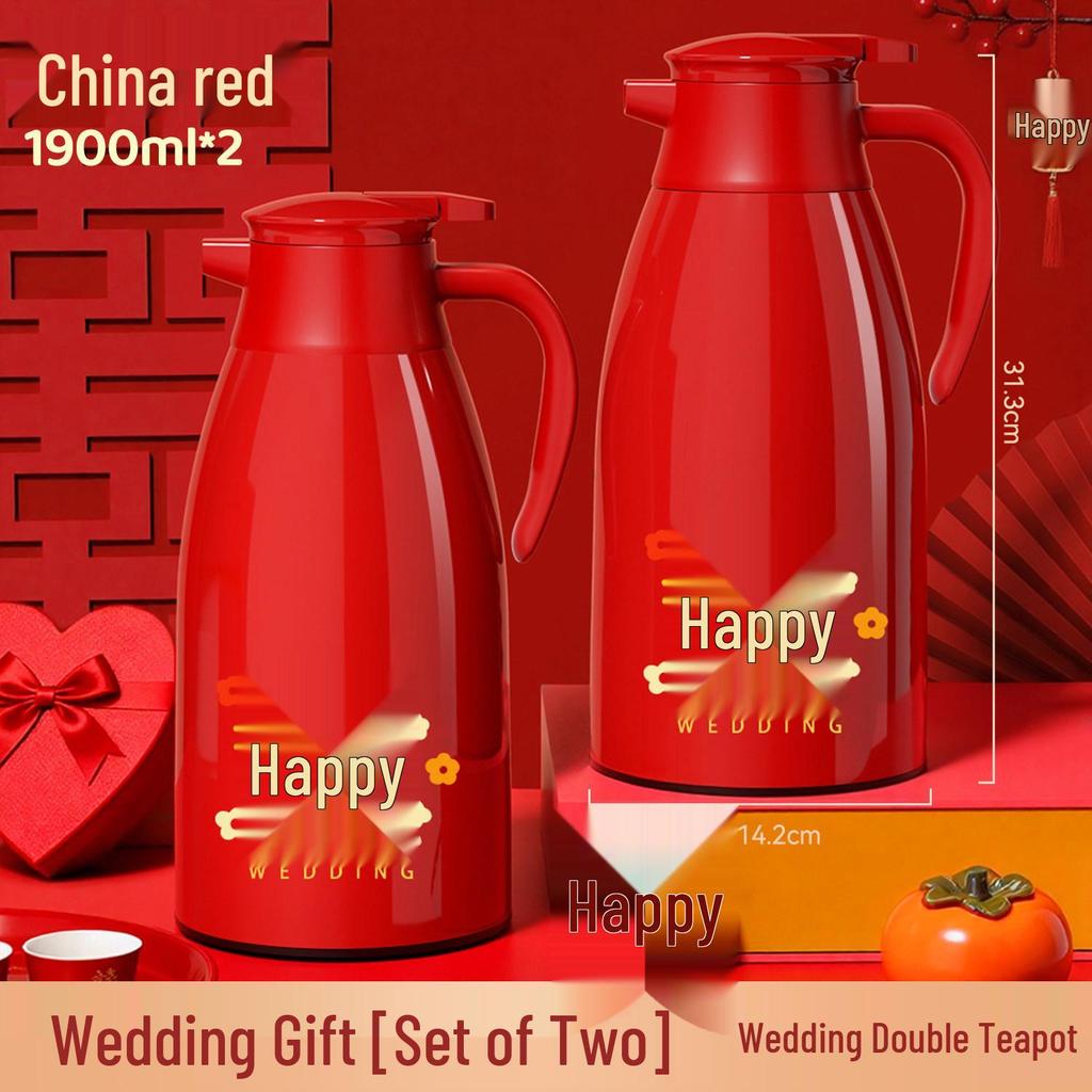 Red Glass Liner Electric Kettle & Thermos Set - Insulated Household Water Bottles for Weddings