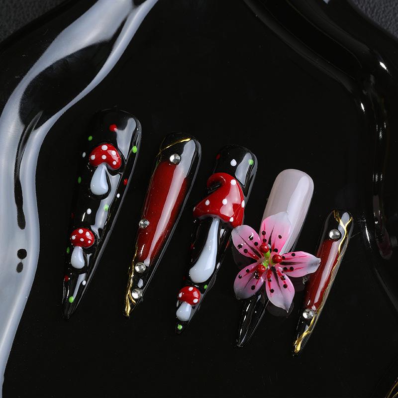 Handmade European & American Long Pointed 3D Mushroom Flower Nails - Dark Style Spicy Girl Nail Art