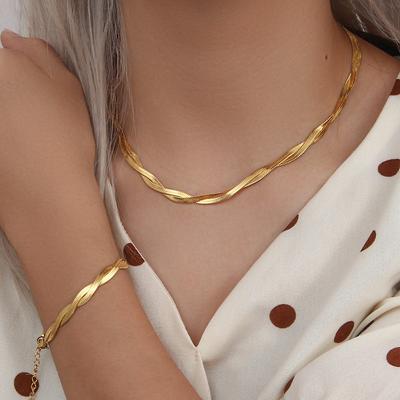 18k Gold Plated Waterproof Braided Herringbone Chain Necklace Bracelets Set Stainless Steel Jewelry for Women