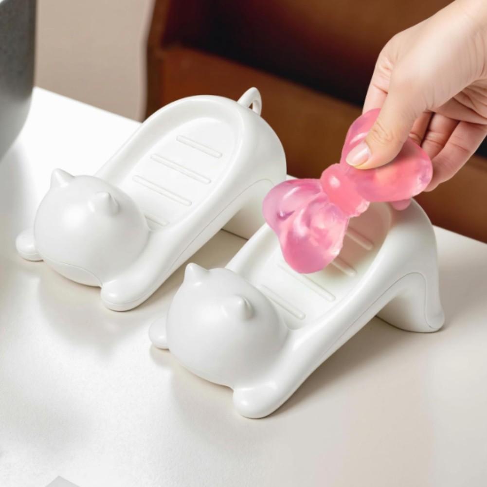 Cat-Shaped Soap Dish Drainage Soap Tray Non-Slip Holder Plastic Soap Tray 2PCS