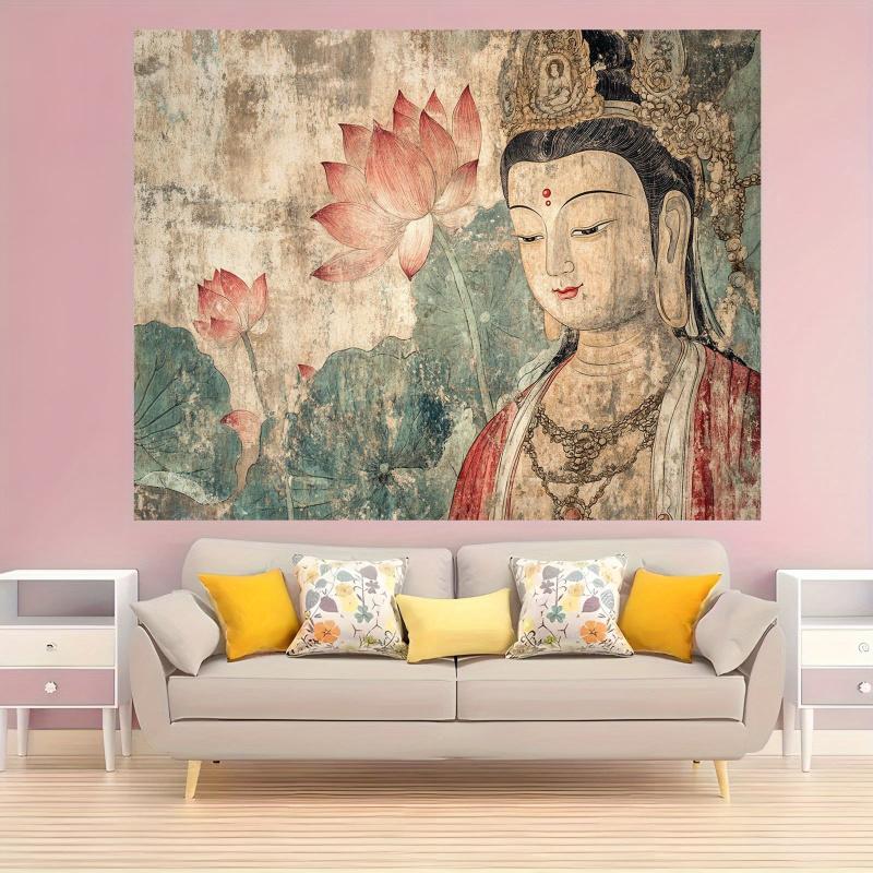 VIKAMA Dunhuang Style Tapestry with Aged Mural Texture Guanyin and Red Lotus for Zen Home Decorations and Tea Room