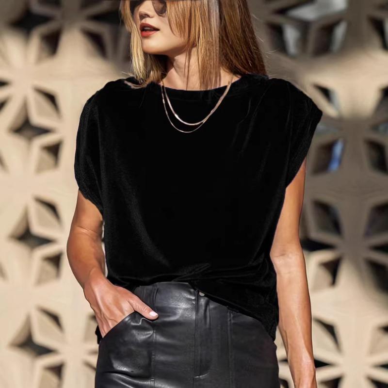 

Womens Black Velvet Short Sleeve T Shirt With Round Neck Casual Loose Fit Elegant Top S чёрный