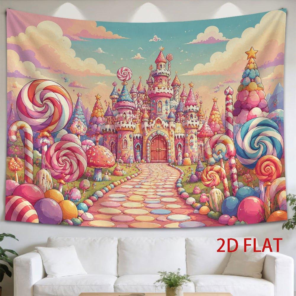 2D Flat - 2D Flat - 1pc 2D Flat Tapestry Fantasy Castle in a Candyland with Colorful Lollipop Trees And Sweet Treats Lining a Whimsical Path Under Pas