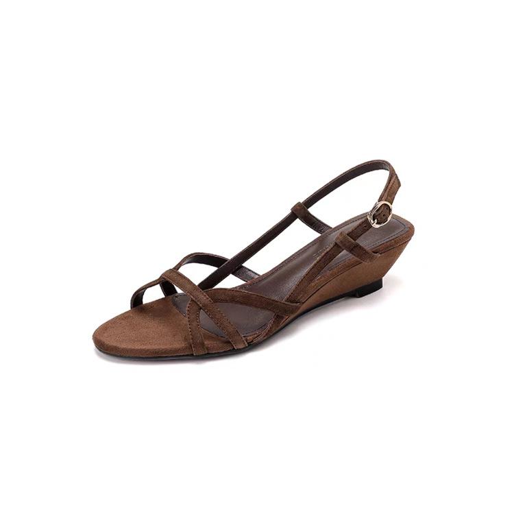 

Sheepskin version~ retro leather hollowed out back strap open-toed sandals women s summer fashion wedge heel temperament round head Roman shoes 40 коричневый