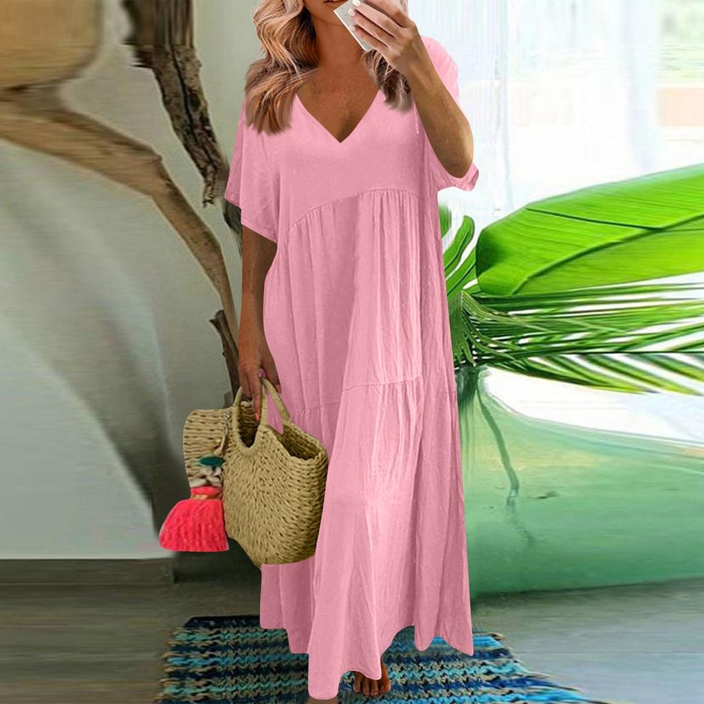 Women's Summer Fashion V-neck Solid Color Large Size Loose Long Large Swing Short-sleeved Dress